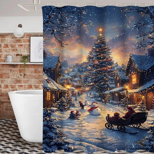 Détail d'un rideau de douche 3D de Noël avec sapin lumineux et bonhomme de neige décoratif