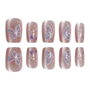 Faux ongles œil de chat or rose 30 pièces avec motifs papillon et effet pailleté