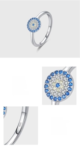 Detailed view of S925 sterling silver ring with micro-pave evil eye blue zircon