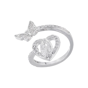 Detailed macro view of silver-tone open ring featuring zircon butterfly and Virgin Mary heart