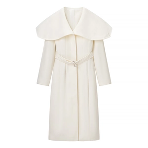 Women Long Trench Coat Elegant White Woolen Feel Shawl Collar Belted Outerwear Overcoat Spring Fashion Streetwear
