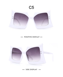 White wide frame sunglasses with purple gradient lenses showing front and side views