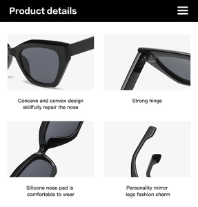 Detail view of small frame cat eye sunglasses with metal hinges and silicone nose pads