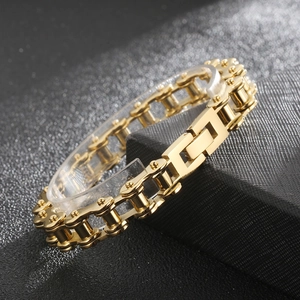 Men's 11mm golden bicycle chain bracelet with rock hip hop style on display stand