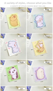 Detail view of cartoon animal sticky notes showing panda and rabbit designs, 9x7.5cm size
