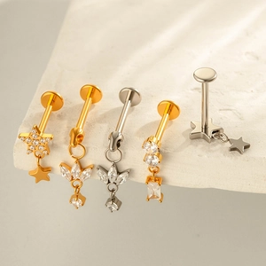 Titanium cartilage stud earrings with zircon stars and leaf pendants in gold and silver