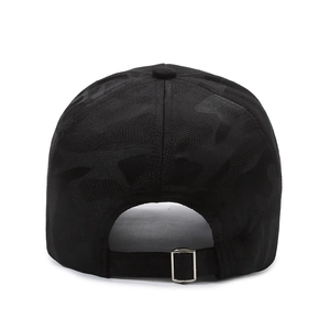 Black camouflage baseball cap with adjustable silver metal buckle back view on white background