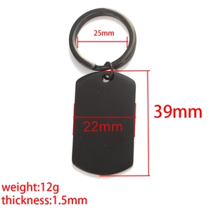 Black stainless steel dog tag keychain with 25mm ring and 22x39mm rectangular pendant
