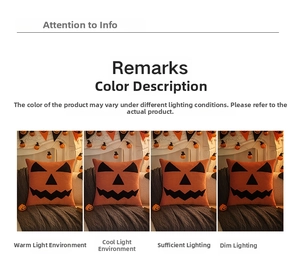 Detail of orange pumpkin embroidered pillow case showing color variations in four lighting modes