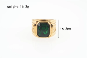 Close-up of golden dragon ring with green emerald-cut stone and 16.3mm height detail