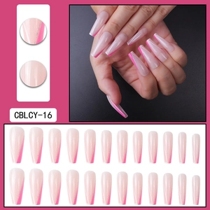 French V-shape glitter tip long coffin press-on nails in nude pink finish