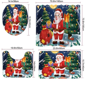 Detailed dimensions of 4-piece Christmas bathroom set with Santa and reindeer motifs
