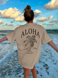 Γυναικείο Oversized Βαμβακερό T-Shirt Κοντό Μανίκι Aloha Palm Tree Print Casual Καλοκαιρινό Τοπ