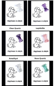 Various crystal bone carvings on gift cards featuring Happiness is Simple text