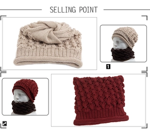 Détail de l'ensemble bonnet et tour de cou en grosse maille pour l'hiver en beige et bordeaux