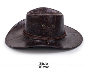 Detail of dark brown western cowboy hat with leaf pattern embossing and braided rope trim