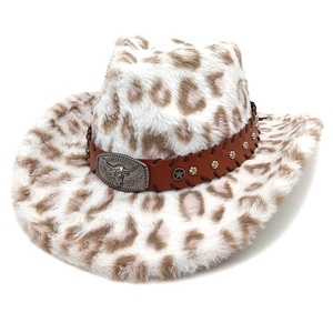 Detail of leopard faux fur cowboy hat with silver bull head buckle and brown leather band