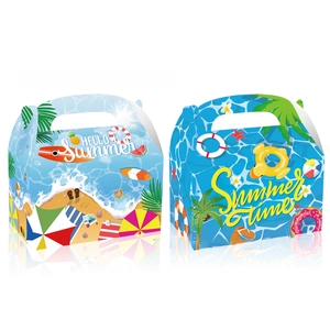 Detail view of summer beach themed paper gift boxes with handles and vibrant printed patterns