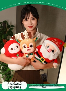 Close-up of plush Santa, snowman, and reindeer toys being held to show texture and size