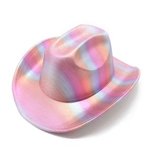Detail view of a rainbow iridescent cowboy hat with metallic laser finish for festivals