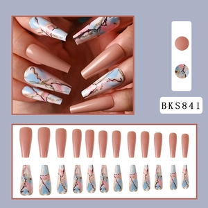 Long trapezoid press-on nails featuring nude gloss and blue pink marble patterns