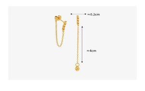 Detail shot of gold tassel chain earrings showing dimensions of 4cm length and 0.2cm width