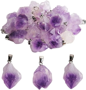 Macro view of raw purple amethyst pendant with natural crystal textures and silver clasp