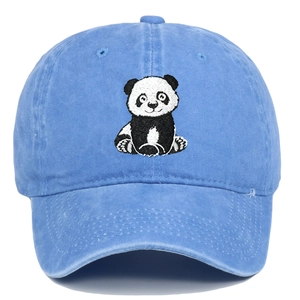 Close-up of panda embroidery on sky blue washed cotton outdoor baseball cap
