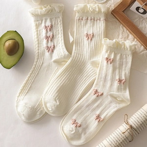 Three pairs of white cotton ruffles socks with pink bows for girls in JK Lolita style