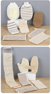 Close-up of sisal bath gloves and loofah back scrubber set with natural wood handles