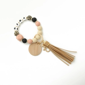 Silicone bead keychain bracelet with MAMA charms, leopard print beads and leather tassel