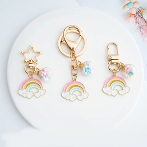 Cute Korean Style Rainbow Cloud Keychain With Glass Ball Colorful Beads Zinc Alloy Bag Charm Gold Metal Key Ring Gift