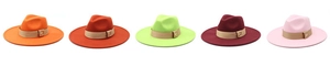 Row of wide-brim wool fedora hats in vibrant colors with decorative brown bands