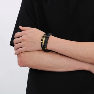 Men's multilayer leather wrap bracelet with gold metal plate and black lava stone beads