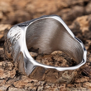 Men's vintage gothic zombie skull ring in silver stainless steel with textured finish