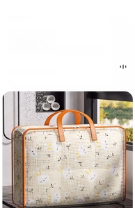 Detail of breathable white mesh storage bag with reinforced orange leather handles and zipper