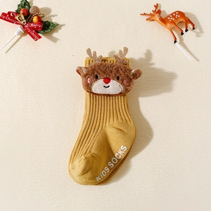Chaussettes de Noël bébé jaunes avec renne en peluche 3D et semelle antidérapante
