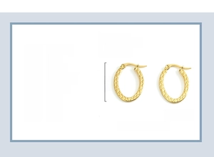 Size chart showing 26x18.5mm dimensions of 18K gold plated stainless steel oval hoop earrings
