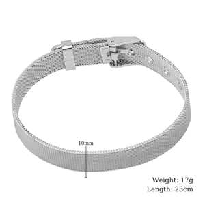 Detailed view of 10mm silver Milanese mesh band bracelet with size specifications