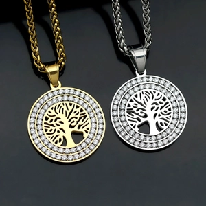 Tree Of Life Pendant Necklace Stainless Steel Hollow Round Zircon Inlaid Hip Hop Fashion Jewelry For Men Women