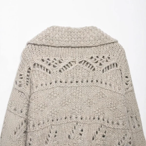 Chunky knit cardigan for women with hollow-out texture and lapel collar in beige