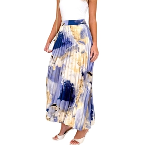 High-waist A-line pleated skirt with blue and beige abstract oil painting print