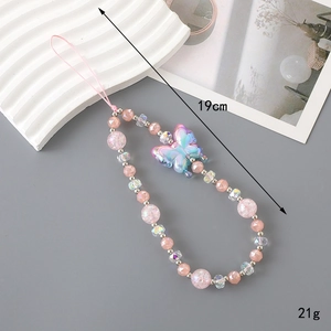 Pink beaded phone charm with bow pendant, handmade sweet 19cm accessory for bags and phones