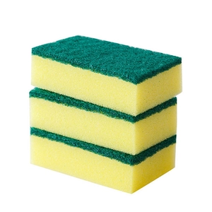 Three-pack double-sided kitchen cleaning sponges with scouring pad and yellow foam layer
