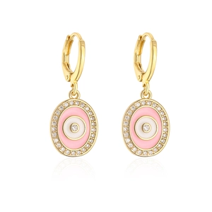 Elegant gold oval evil eye earrings with pink enamel and sparkling crystals in white