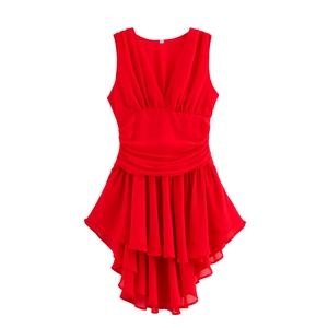 Sleeveless V Neck Mini Dress Solid Color Ruffled Irregular Hem Ruched Waist Sexy Summer Partywear Women