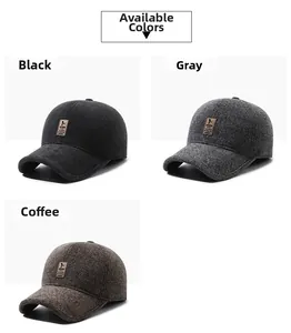 Detail showing winter wool newsboy caps in black, grey, and brown with ear protection