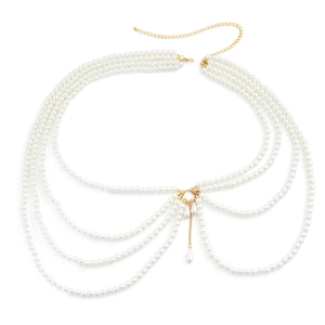 Elegant multi-layered pearl body chain with golden metal accents on a white background