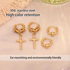 Cross Pendant Hoop Earrings And Bead Charm Gold Plated 304 Stainless Steel For Women Trendy Fashion Jewelry