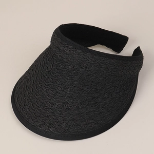 Detail of black woven visor hat featuring intricate wave patterns and wide brim